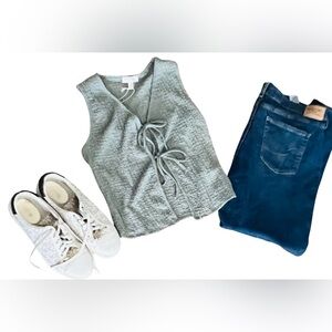 See You Monday Textured Sage Green Front Tie Top NWT